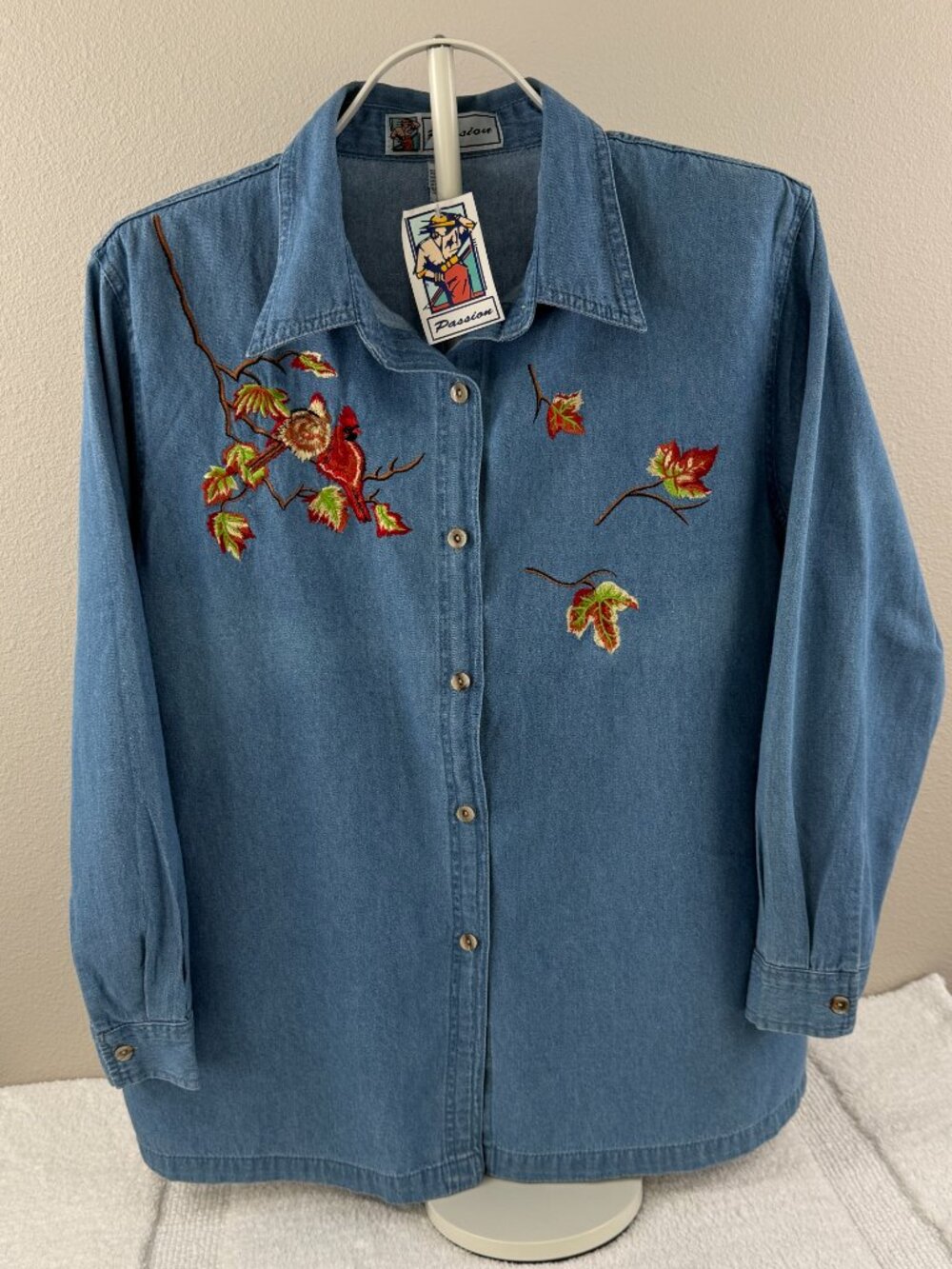 Passion Denim Shirt Women L Embroidered Cardinal Bird Leaves Button Front